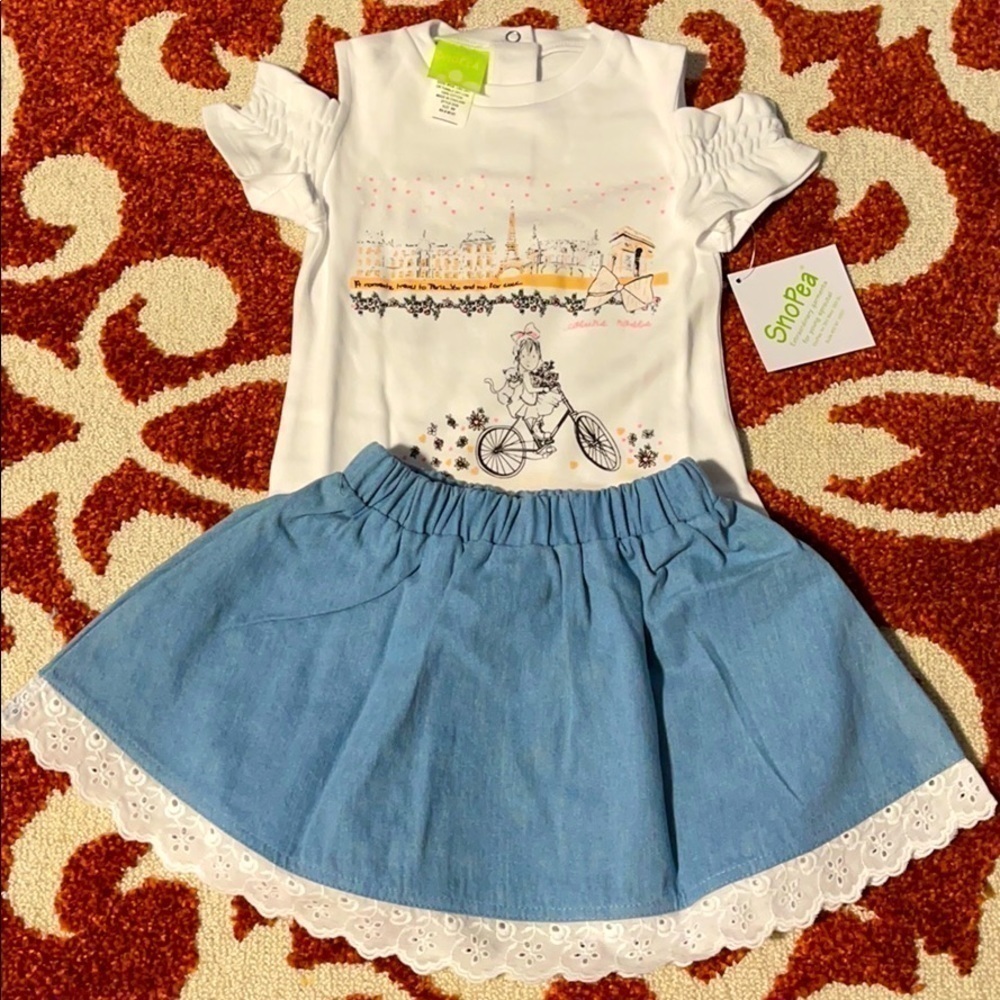 New Sno Pea Cutout Shoulder Top & Denim Lace Skirt Set US 9M